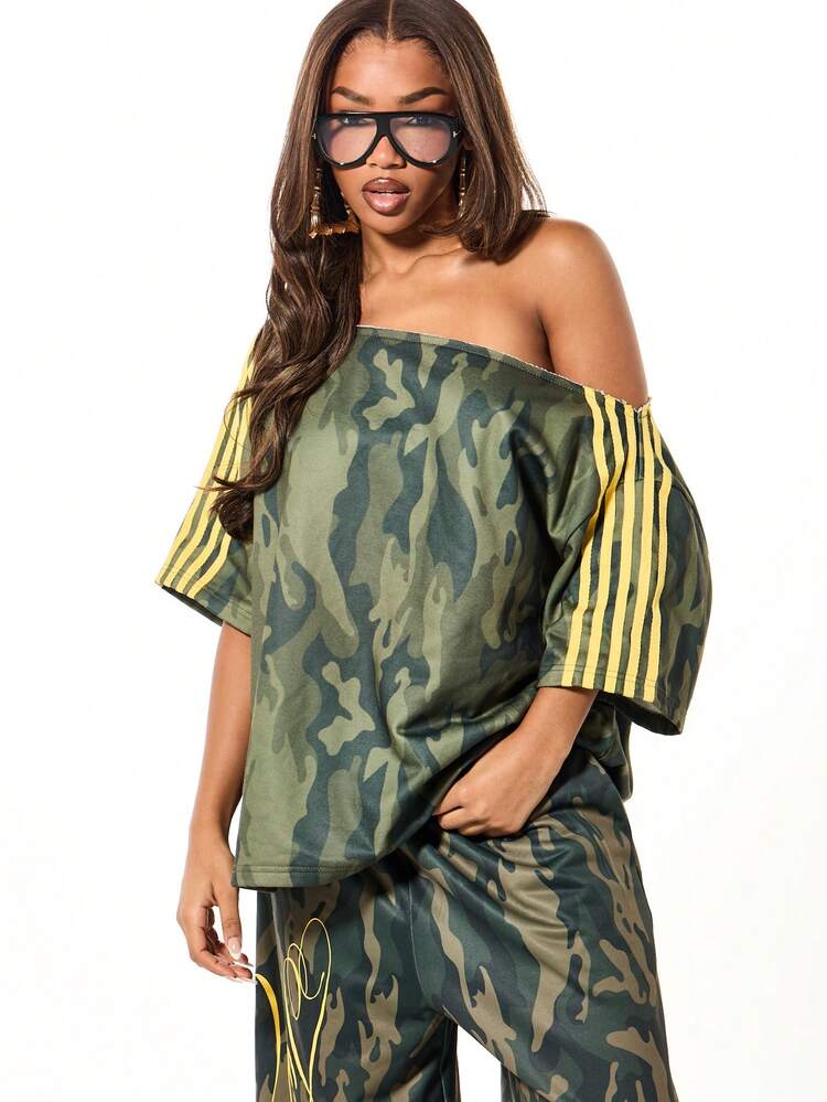 SUMWON WOMEN Camo Off Shoulder Top With Striped Sleeves