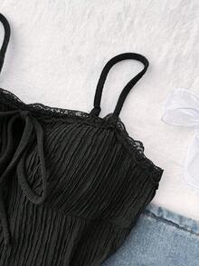 少女黑色针织纹理吊带背心，蝴蝶结蕾丝饰边，可叠穿或单穿，适合返校、度假、日常休闲穿着 - 黑色 - 查看 5