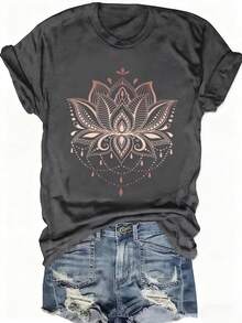 EMERY ROSE 女士T恤 - 柔软圆领，轻盈短袖，时尚休闲上衣 - 莲花印花，百搭衣橱必备单品 - 女装 - 黑色 - 查看 1