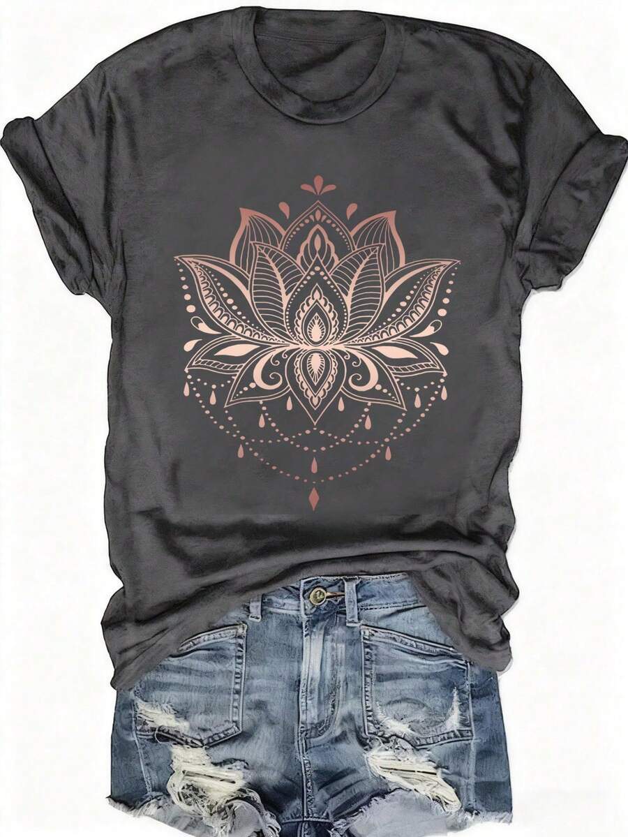 EMERY ROSE 女士T恤 - 柔软圆领，轻盈短袖，时尚休闲上衣 - 莲花印花，百搭衣橱必备单品 - 女装 - 黑色 - 查看 1