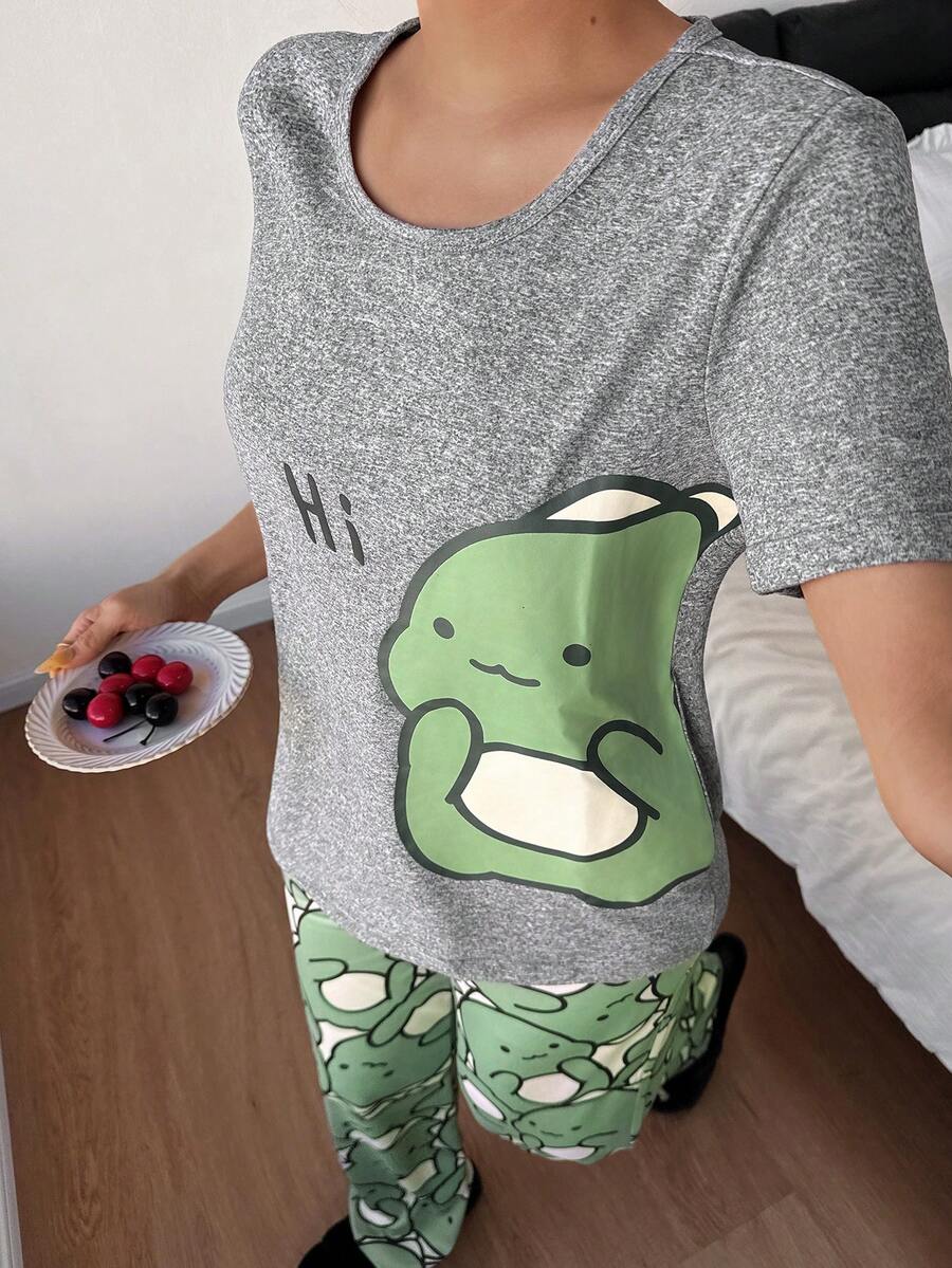 Cute Dinosaur Print Short Sleeve & Pants Women Pajama Set Dinosaur Pajamas - Grey - View 1