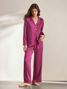 Ocili 丝滑缎面舒适宽松长袖上衣和裤子女士睡衣套装，冬季服装 - 紫色 - 查看 2