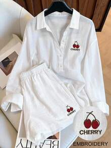 Resyla Women's Letter & Cherry Embroidery Long Sleeve Shirt And Shorts Casual 2 Pieces Set - White - View 1