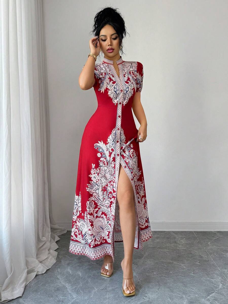 SHEIN Elenzya 2025新款女士深红色优雅性感V领开衩下摆修身长裙，适合女士婚礼、正式晚宴、派对、约会、情人节等场合（花卉图案） - 紅色 - 查看 1