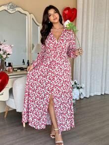 Vionelle Große Größen Damen Französischer Stil elegantes V-Ausschnitt Langarm Taille Raffung Blumen Valentinstag Kleid Kirschprint Kleid Maxi Blumenkleid V-Ausschnitt Maxi Kleid Langarm Blumenkleid Blumenkleid Damen Damen Blumenkleid Sommer Langes Kleid Blumen Wickelkleid - Verschiedenfarbig - Übersicht 7
