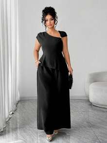 Elenzga 大码女式两件套，无袖上衣配肩带装饰和阔腿裤，优雅荷叶边袖设计，适合返校、毕业典礼、情人节、音乐节、母亲节、万圣节、感恩节、复活节、国庆节、舞会、约会、婚礼、户外活动等场合。 - 黑色 - 查看 1