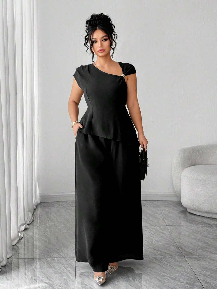 Elenzga 大码女式两件套，无袖上衣配肩带装饰和阔腿裤，优雅荷叶边袖设计，适合返校、毕业典礼、情人节、音乐节、母亲节、万圣节、感恩节、复活节、国庆节、舞会、约会、婚礼、户外活动等场合。 - 黑色 - 查看 1