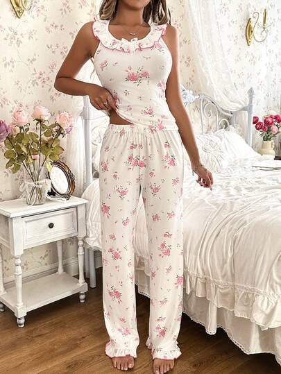 SHEIN Lace Trim Round Neck Camisole & Elastic Waist Ditsy Floral Knit Pajama Set For Women Bridal Pajama Set Sleep Wear Women 2 Piece Set Floral Pajama Set