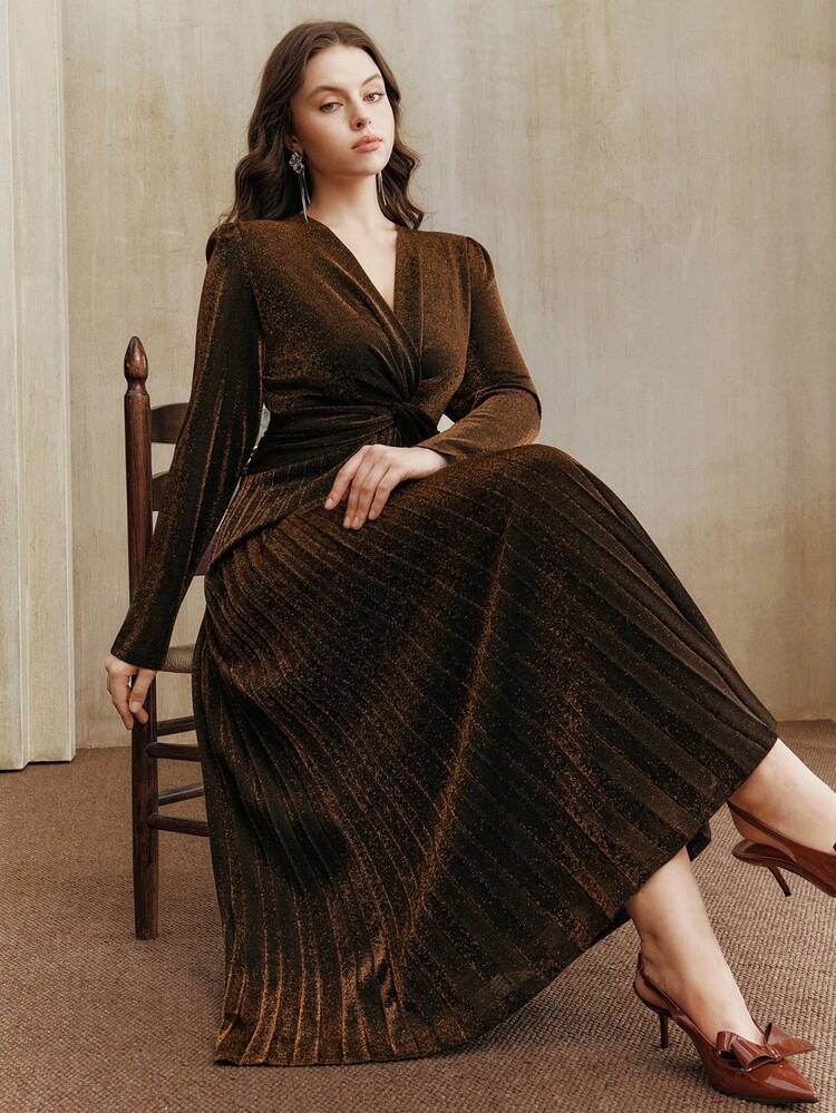 Elegante vestido de punto con diseño de cintura plisada y retorcida de manga larga para mujer, adecuado para otoño, invierno, verano, primavera, Año Nuevo, fiesta, boda