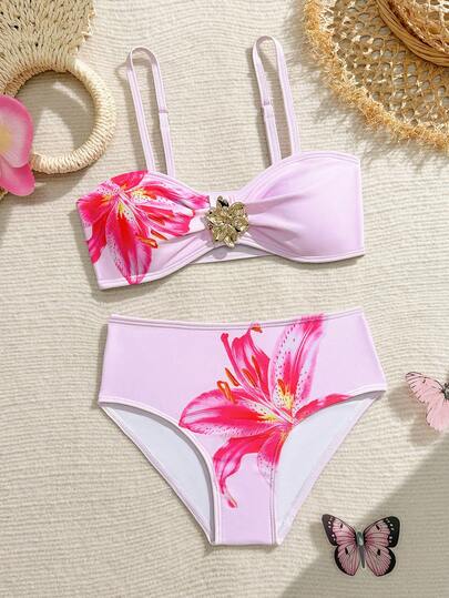 SHEIN Tween Girls Beach Vacation Printed Bikini Set