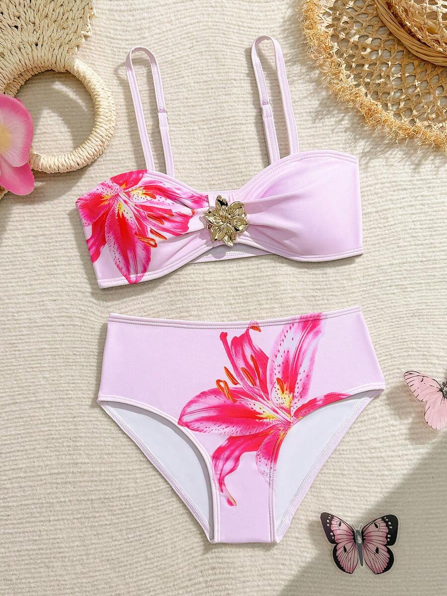 SHEIN Tween Girls Beach Vacation Printed Bikini Set - Pink - View 1