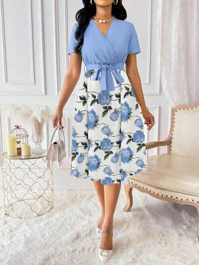 Lyxana Vestido maxi elegante de mujer con estampado floral, cuello en V cruzado y mangas cortas