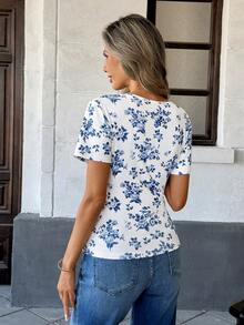 Pariaura 2025-2026 Nouveau T-shirt floral bleu pour femmes - Col V ajusté avec bordure en dentelle, style minimaliste décontracté de bureau et de vacances - Multicolore - Voir 2