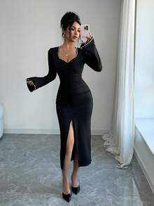 Rafferiza Elegant Pleated Waist Dress With Decorative Pearls, Palace Style For Evening Party And Daily Wear, Autumn/Winter - Black - View 4