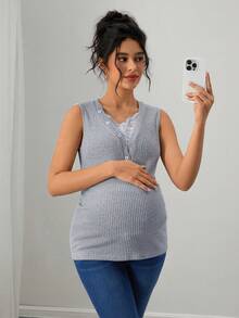 Momance Sleeveless V-Neck Lace Patchwork Ribbed Knit Maternity Tank Top - Grey - View 4