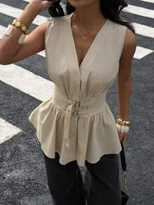 Siren Gaze 100%纯棉无袖衬衫，双腰带设计，柔软亲肤，杏色，适合工作和度假穿着，优雅女士衬衫 - 杏色 - 查看 1