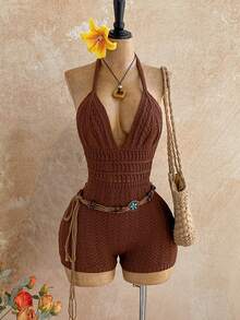 Soleia Macacão Feminino de Tricô Degradê com Decote em V Profundo e Costas Abertas, Sexy e Fashion, Adequado para Festa, Encontro, Chá da Tarde, Férias Boho, Praia - Café - Visão 5