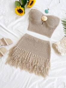 Soleia 女士度假两件套：针织纹理毛衣和流苏金属装饰迷你裙，适合派对、约会、海滩度假、夏季穿搭、假日、下午茶、婚礼季、邮轮旅行、城市之旅、波西米亚风度假、音乐节等场合。 - 卡其色 - 查看 8