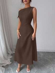 Modelyn Women's Yellow Asymmetrical Shoulder Ruched Waist Elegant Dress - Brown - View 6