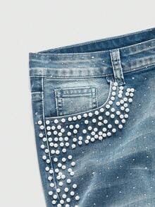 ROMWE MEN Street Life 男士口袋镶钻装饰多功能派对通勤喇叭牛仔裤 - 中等水洗藍 - 查看 3