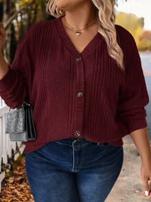 SHEIN LUNE Plus Size Casual Solid Color Button Front Ribbed T-Shirt, Autumn - Burgundy - View 4