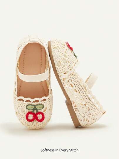 Cozy Pixies 1 par de zapatos planos de princesa de estilo pastoril blanco con diseño de cereza hueco, adecuados para todas las estaciones, para niñas/niñas pequeñas