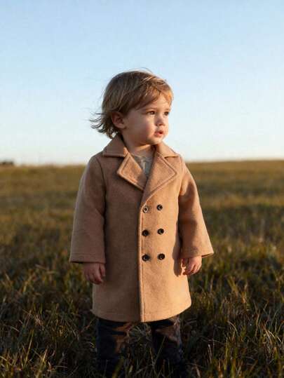 SHEIN 1pc Infant Boys & Girls Fashionable Minimalist Street Style Khaki Lapel Long Sleeve Mid-Length Trench Coat, Suitable For Daily Wear, School, And Photography, Autumn/Winter