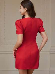 BELROSIE Fashionable Design Sense Casual Pleated Pocket Short Sleeve Solid Color Dress - Red - View 6