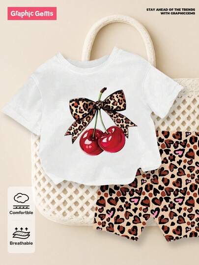 GraphicGems 2pcs/Set Girls' Cherry & Leopard Print Casual Short Sleeve Top And Shorts Set, Summer Young Boys Casual Sets Summer Outfits For Girls Clothes Set Set Outfit For Girls Girl Summer Clothes Set Cute Sets For Girls