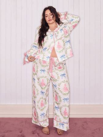 SweetSlumber Cardigan cu rever și imprimeu cu fundă de Crăciun, cu mânecă lungă și legături în talie, mărime mare