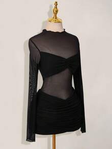 SHEIN PETITE CURVE Plus Size Women Solid Color Ruched Sexy Long Sleeve Sheer Mesh Dress - Black - View 6
