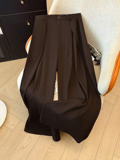 SHEIN Clasi Plus Size Women's Solid Color Pleated Wide Leg Casual Office Pants