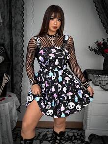 SHEIN Whyspr Plus Size Dark Gothic Style Pleated Pinafore Dress - Multicolor - View 2