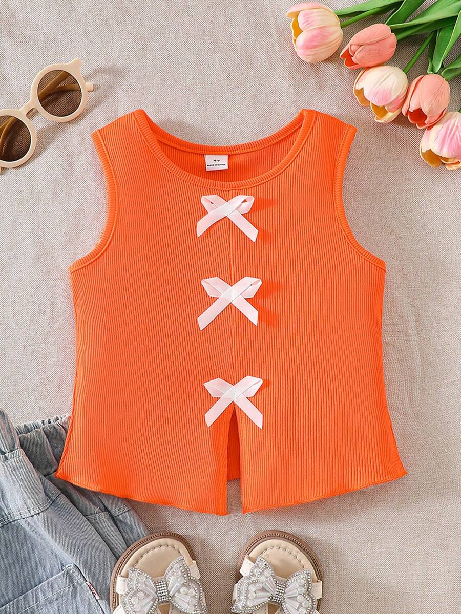 SHEIN Áo ba lỗ cổ tròn không tay họa tiết nơ nhiều màu cho bé gái - trái cam - Xem 1