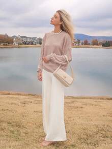 Sydney Algeri Pulover elegant cu mânecă lungă, cu guler rotund, decorat cu perle, culoare solidă, model toamnă/iarnă - Kaki - Vizualizare 4