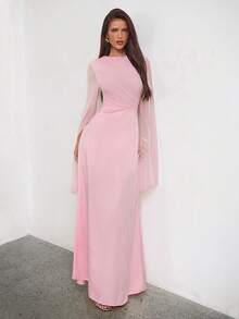 Aloruh 情人节粉色浪漫长袖网纱针织缎面拼接连衣裙 - 粉色 - 查看 4