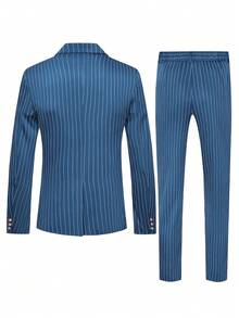 Manfinity Mode 男士条纹翻领双排扣长袖西装外套和裤子休闲办公通勤套装 - 藍色 - 查看 2