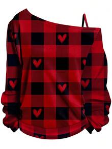 EMERY ROSE Áo thun một vai họa tiết kẻ caro hình trái tim đỏ tối giản, cỡ lớn, phù hợp cho ngày lễ - Nhiều màu - Xem 4