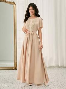 Đầm dự tiệc thanh lịch cổ tròn, đính ren, eo nhún, xẻ tà cho thiếu nữ, màu be, màu mơ, đầm dài, màu sâm panh, đầm màu be, đầm dài cho bé gái, đầm sâm panh cho thiếu nữ, đầm màu be cho bé gái, đầm màu nude, đầm màu be cho thiếu nữ, đầm sinh nhật cho thiếu nữ, quần áo thiếu nữ, đầm mùa hè, đầm maxi, đầm đi nghỉ mát, đầm màu nude cho bé gái - Rượu sâm banh - Xem 4