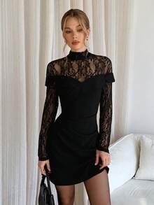 Siren Gaze Women's Elegant Ruched Waist Lace Patchwork Long Sleeve Bodycon Dress, Black Black Lace Dress Long Sleeve Elegant Dress Sexy Elegant Dress