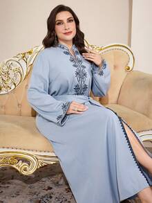 Al Najma 大码女式印花V领长袖优雅阿拉伯风长裙 - 淺藍色 - 查看 6