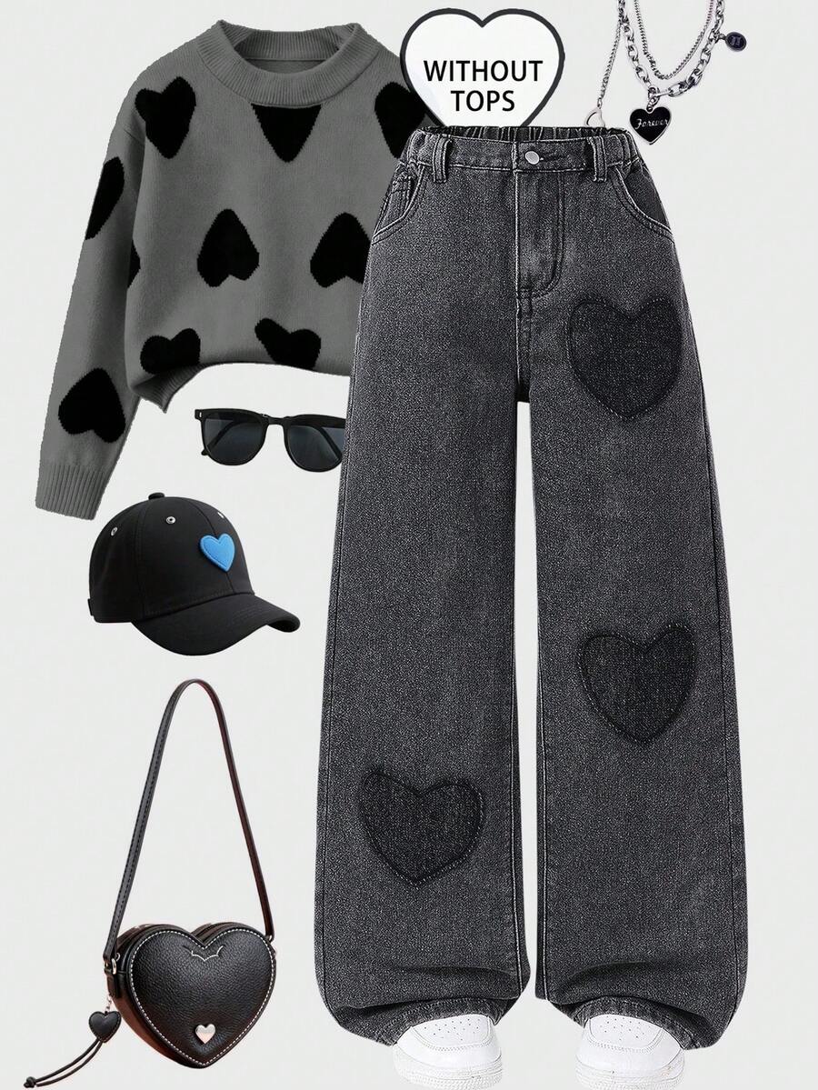 SHEIN ChillGRL Modne, szerokie jeansy dla nastolatek z haftowanym serduszkiem i przetarciami, w stylu vintage Y2K, idealne na nieformalne wyjścia, do szkoły, na spotkania, do domu, na wakacje i na powrót do szkoły - Ciemnoszary - Zobacz 1