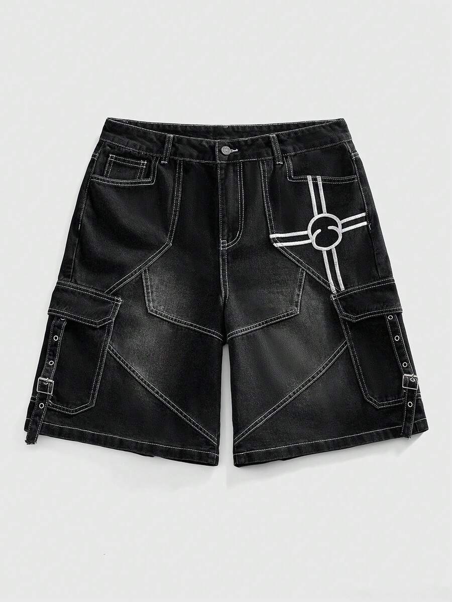 ROMWE MEN 男士十字绣工装牛仔短裤 - 黑色 - 查看 1