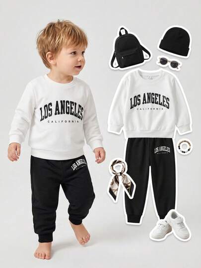 SHEIN 小男孩字母印花圆领卫衣搭配休闲运动裤，面料舒适，适合秋冬季户外和室内穿着