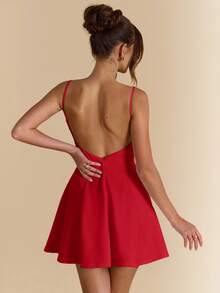 SHEIN BAE 白色纯色无袖A字露背优雅连衣裙，适合度假、约会、音乐节、生日、早午餐、婚礼宾客、伴娘等场合，露背设计，白色连衣裙 - 紅色 - 查看 2