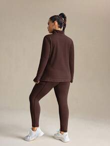 SHEIN Rhythm Era 女士加大码立领拉链长袖上衣和打底裤休闲日常户外运动套装 - 咖啡棕 - 查看 2