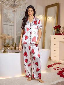 LuxeNights 女士仿丝绸心形印花翻领短袖睡衣套装 - 紅色 - 查看 6