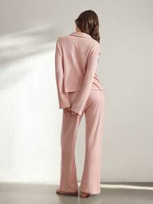 Ocili Soft & Comfortable Waffle Texture Simple Shell Button Baby Pink Long Sleeve & Pants Collar Placket Casual Women Pajama Set - Pink - View 2