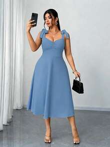 Elenzga Plus Size Women's Elegant Romantic Ruched A-Line Camisole Dress, Red, Spring/Autumn, Christmas - Dusty Blue - View 2