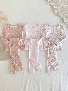 6pcs Baby Girls' Elegant Butterfly Print & Ditsy Floral Round Neck Drawstring Design Long Sleeve Leggings Snug Fit Pajama Set Baby Girl Sleepwear Wildflower Baby Clothes Newborn Baby Girl Pajamas Sets Snug Fit Vintaside Kids 4pcs Set Baby Girls Causual Printed Solid Colour Rompers Baby Girl Sleep Wear Baby Girl Clothes Newborn - Multicolor - View 1